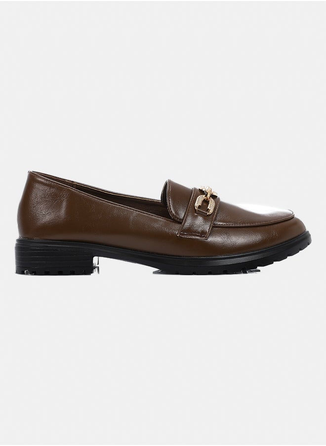 DejaVu - Brown Faux Leather Loafers With Gold Chain Accent - Image 1