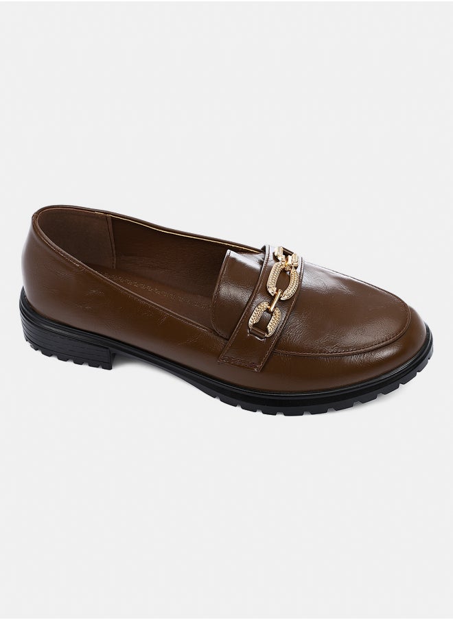 DejaVu - Brown Faux Leather Loafers With Gold Chain Accent - Image 1
