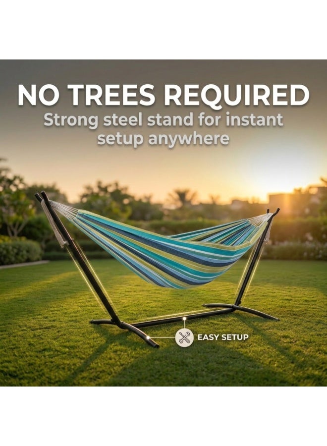 Adventure Lab Double Cotton Hammock with Steel Stand & Carry Bag | Portable 2 Person Outdoor Hammock for Garden, Patio, Beach & Camping | Heavy Duty Free Standing Hammock Swing Supports up to 204kg - Image 4