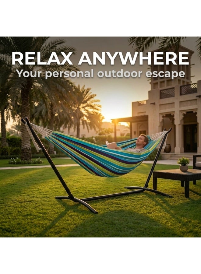 Adventure Lab Double Cotton Hammock with Steel Stand & Carry Bag | Portable 2 Person Outdoor Hammock for Garden, Patio, Beach & Camping | Heavy Duty Free Standing Hammock Swing Supports up to 204kg - Image 2