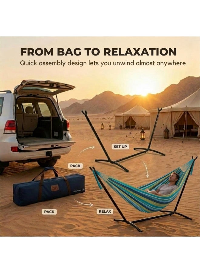Adventure Lab Double Cotton Hammock with Steel Stand & Carry Bag | Portable 2 Person Outdoor Hammock for Garden, Patio, Beach & Camping | Heavy Duty Free Standing Hammock Swing Supports up to 204kg - Image 5
