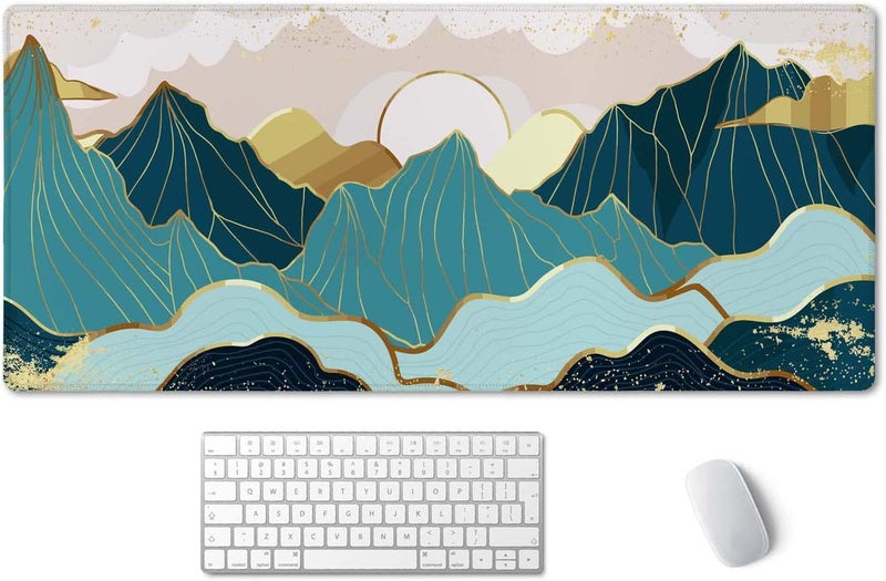SSOIU Gold Mountain with Landscape Line Arts Mouse Pad 35.5 X 15.7 Inch XXL Full Desk Mousepad Extended Large Non-Slip Rubber Base Waterproof Big Keyboard Mat with Stitched Edges for Gaming and Office - Image 1
