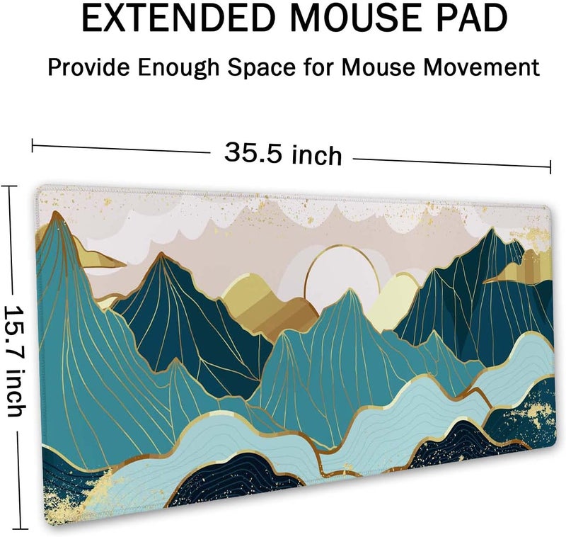 SSOIU Gold Mountain with Landscape Line Arts Mouse Pad 35.5 X 15.7 Inch XXL Full Desk Mousepad Extended Large Non-Slip Rubber Base Waterproof Big Keyboard Mat with Stitched Edges for Gaming and Office - Image 2