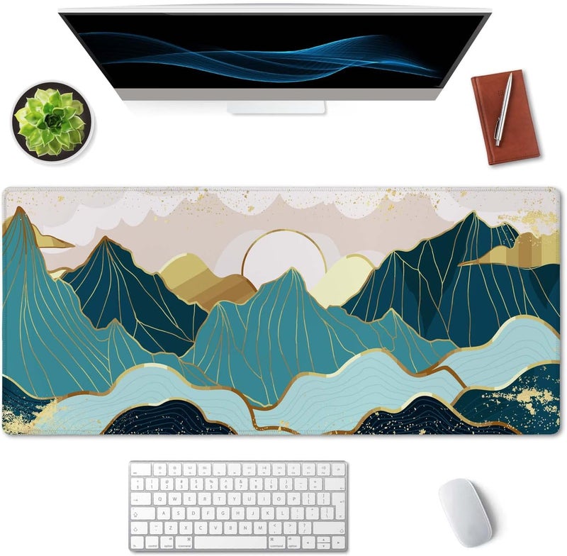 SSOIU Gold Mountain with Landscape Line Arts Mouse Pad 35.5 X 15.7 Inch XXL Full Desk Mousepad Extended Large Non-Slip Rubber Base Waterproof Big Keyboard Mat with Stitched Edges for Gaming and Office - Image 3
