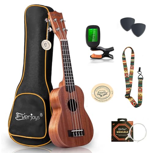Everjoys Soprano Ukulele 21 inch Mahogany Ukelele Beginner Kit w/Free Online Lesson Case Strap Tuner Picks, Fast to Learn - Image 1