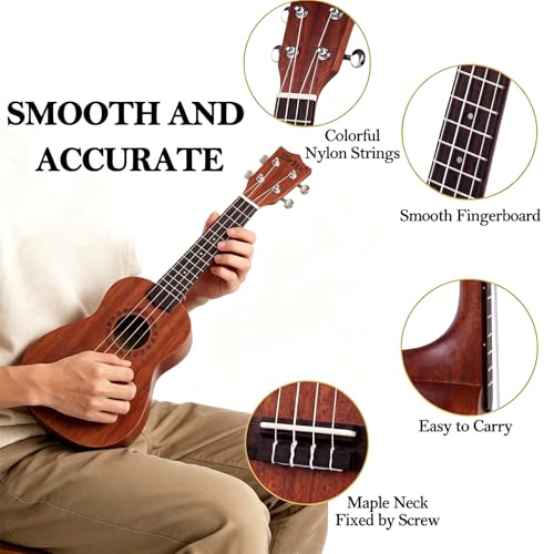 Everjoys Soprano Ukulele 21 inch Mahogany Ukelele Beginner Kit w/Free Online Lesson Case Strap Tuner Picks, Fast to Learn - Image 5