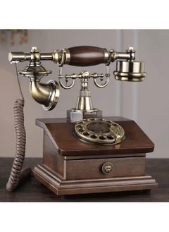Generic Wooden Vintage Retro Telephone with Rotary Dial and Small Wooden Drawer, Antique-Style Landline Phone for Home and Office Decor  - Image 1