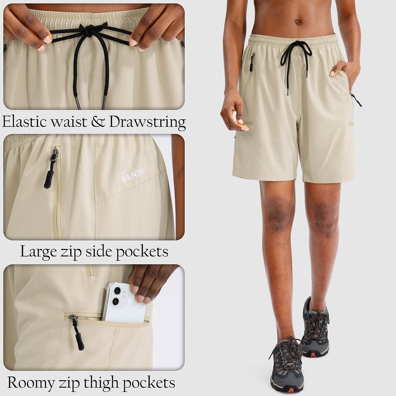 SANTINY Women's 5''/ 7''/9'' Hiking Cargo Shorts Quick Dry Lightweight Summer Shorts for Women Athletic Golf Zipper Pockets(Khaki_M) - Image 4