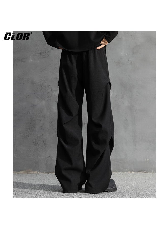 Clor American-style Pleated Draping Paratrooper Curved Knife Dress Pants For Men, Autumn And Winter Loose Straight-leg Casual Wide-leg Trousers Cl80 Black XL - Image 3