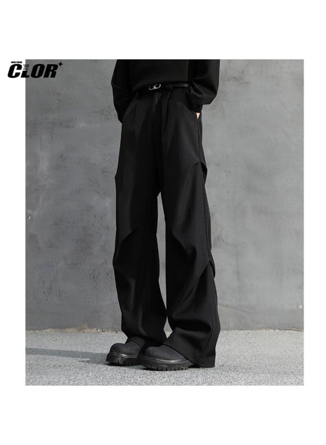 Clor American-style Pleated Draping Paratrooper Curved Knife Dress Pants For Men, Autumn And Winter Loose Straight-leg Casual Wide-leg Trousers Cl80 Black XL - Image 1