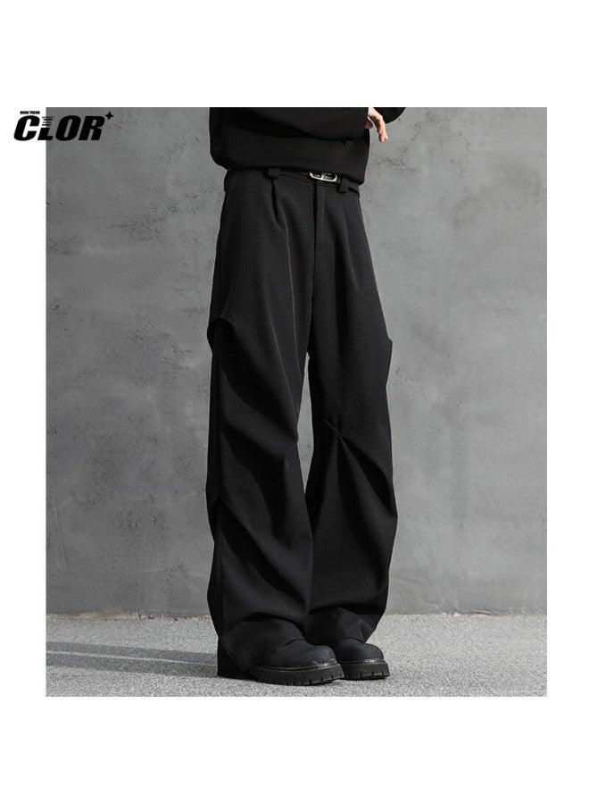 Clor American-style Pleated Draping Paratrooper Curved Knife Dress Pants For Men, Autumn And Winter Loose Straight-leg Casual Wide-leg Trousers Cl80 Black XL - Image 2
