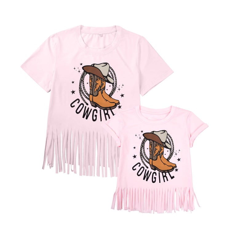 FASHGL Cowboys Boots Hat Western Cowgirls Shirt Mommy and Me Matching Outfits Vintage Country Music Graphic Fringe Tassel Top - Image 1