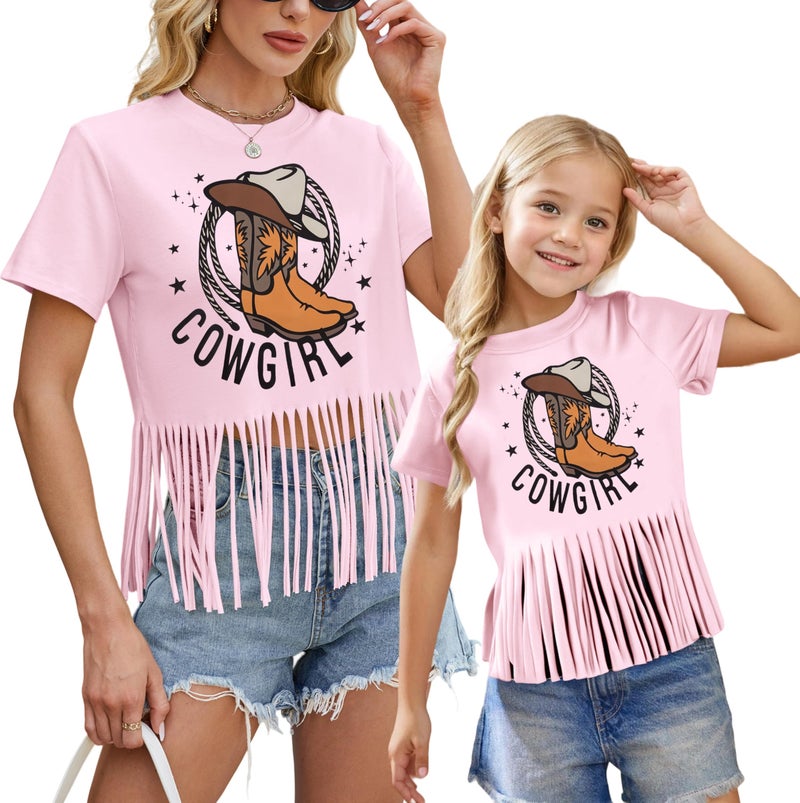 FASHGL Cowboys Boots Hat Western Cowgirls Shirt Mommy and Me Matching Outfits Vintage Country Music Graphic Fringe Tassel Top - Image 2