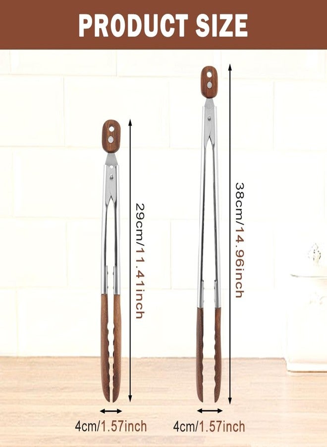 Saycker Wooden Tongs for Cooking,Stainless Steel Anti-Slip Long Handle Wood Salad Tongs with Hanging Hole & Walnut Wood Tip, for Bbq,Serving Food, Salad Tossing,11.41 Inch + 14.96 Inch - Image 2