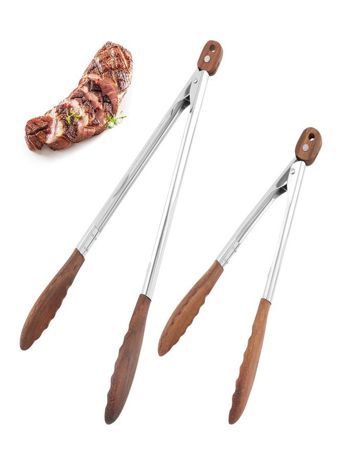 Saycker Wooden Tongs for Cooking,Stainless Steel Anti-Slip Long Handle Wood Salad Tongs with Hanging Hole & Walnut Wood Tip, for Bbq,Serving Food, Salad Tossing,11.41 Inch + 14.96 Inch - Image 1