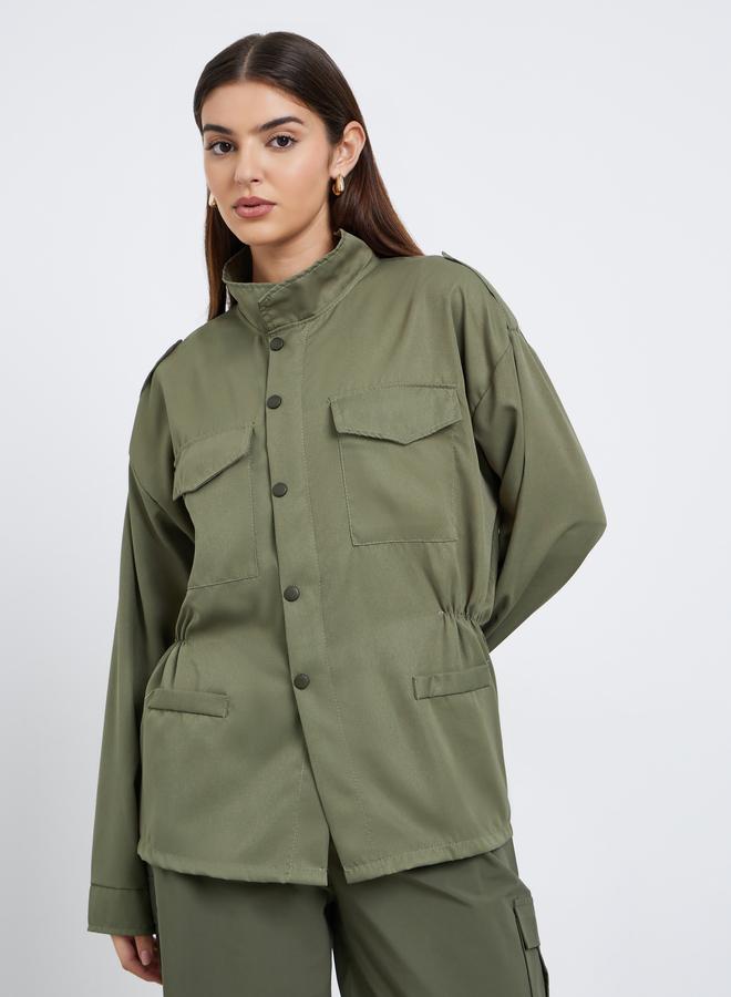 Styli Green Longline Utility Jacket with Pockets - Image 3