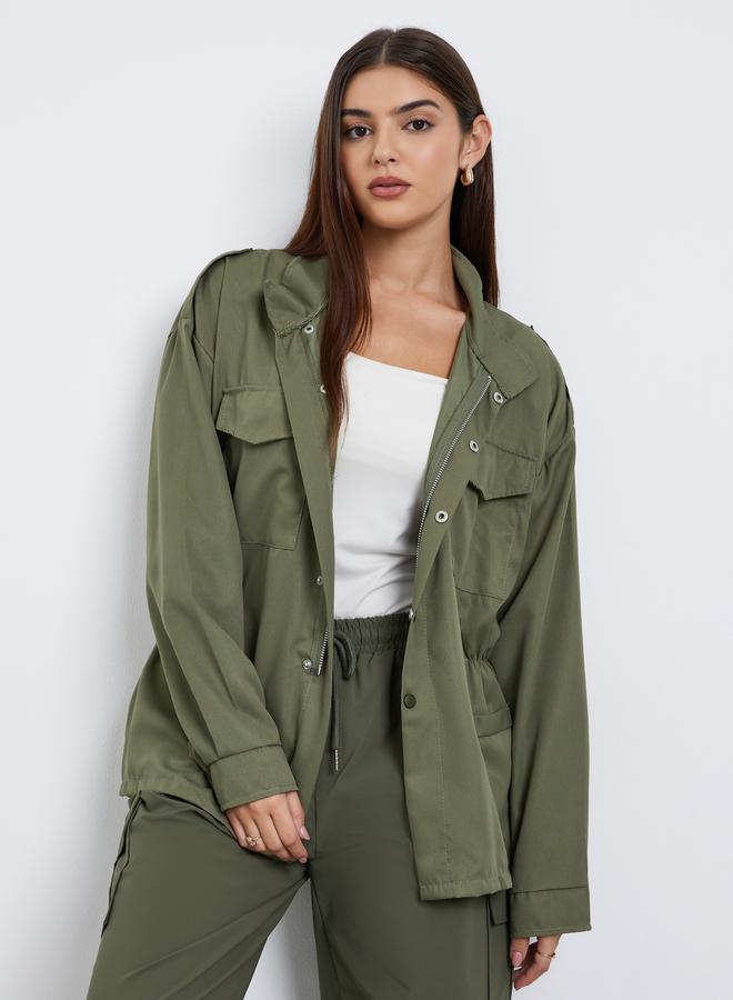 Styli Green Longline Utility Jacket with Pockets - Image 1
