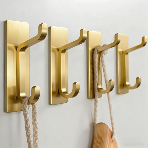Josmimic Self Adhesive Wall Hooks for Hanging: Extra Strong 13 LB, Hook for Coat, Towel in Bathrooms, Shower, Kitchen, Wall, Door Hook, Brushed Gold 4 Pack - Image 1