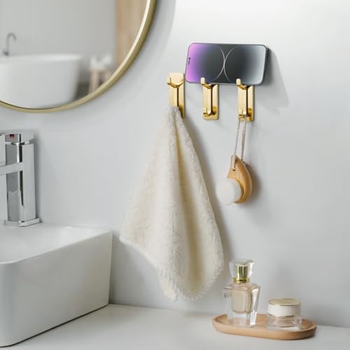 Josmimic Self Adhesive Wall Hooks for Hanging: Extra Strong 13 LB, Hook for Coat, Towel in Bathrooms, Shower, Kitchen, Wall, Door Hook, Brushed Gold 4 Pack - Image 4