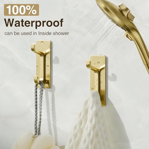 Josmimic Self Adhesive Wall Hooks for Hanging: Extra Strong 13 LB, Hook for Coat, Towel in Bathrooms, Shower, Kitchen, Wall, Door Hook, Brushed Gold 4 Pack - Image 5