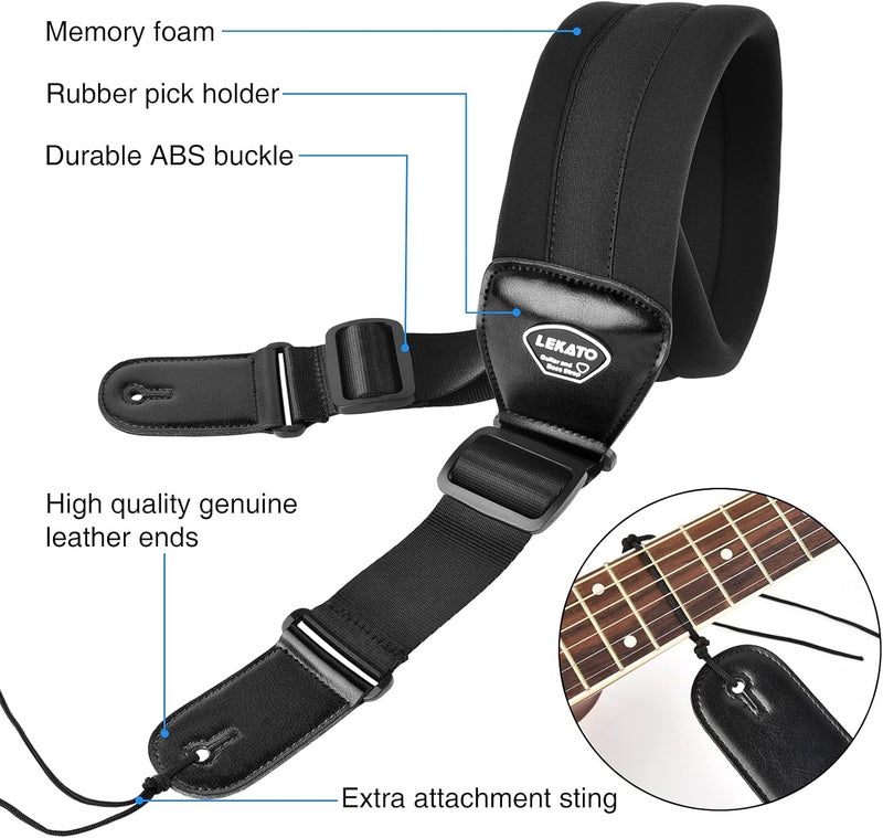 LEKATO Bass Guitar Strap - 3" Wide, Padded, Adjustable 50" to 61", Pick Holder & 2 Safety Strap Locks - Image 2