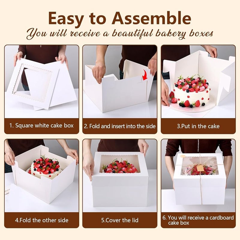 NEOACT 30 Pack Cake Boxes, 12x12x8 Inches Square Bakery Boxes with Window, White Cake Containers with Lids, Large Tiered Cake Take Out Transport Container, 12 Inch Cake Containers for Birthday Party, Wedding - Image 3