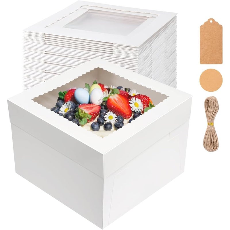 NEOACT 30 Pack Cake Boxes, 12x12x8 Inches Square Bakery Boxes with Window, White Cake Containers with Lids, Large Tiered Cake Take Out Transport Container, 12 Inch Cake Containers for Birthday Party, Wedding - Image 1