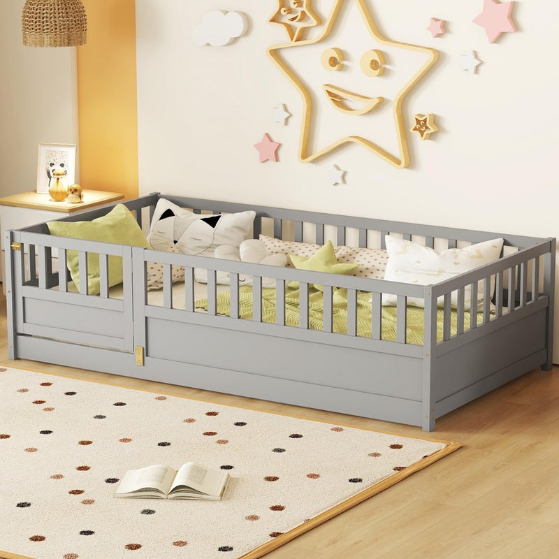Bellemave Twin Size Floor Bed with High Fence Door and Slats Kids Bed Twin Size Wood Montessori Bed for Kids Girls Boys Gray Montessori Floor Bed Twin Floor Bed with SlatsGray Twin
