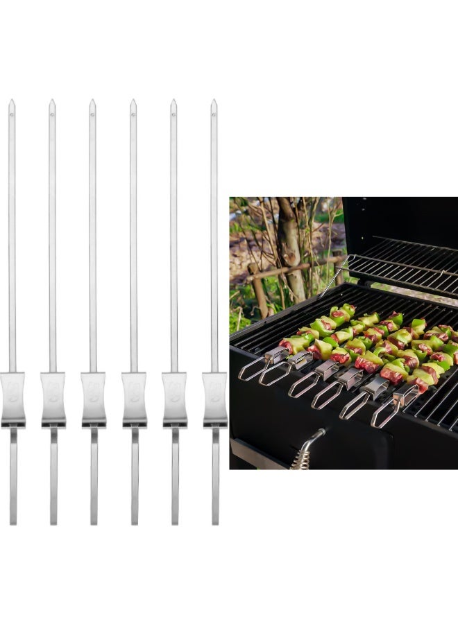 6 Pack Stainless Steel Flat BBQ Skewers with Push Bar, 14.96 inch Long Shish Kabob Sticks - Image 1
