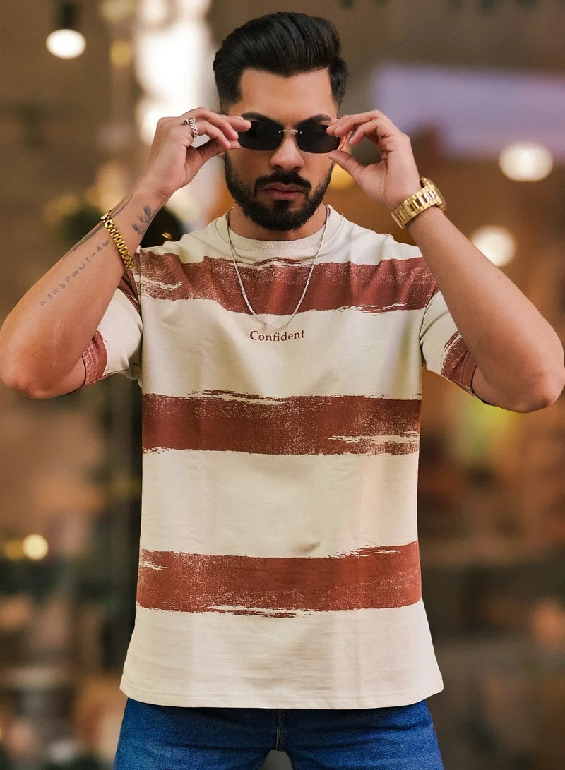 Maniac Maniac Men Striped Round Neck 3/4th Sleeve Biscuit and Brown Cotton T-Shirt