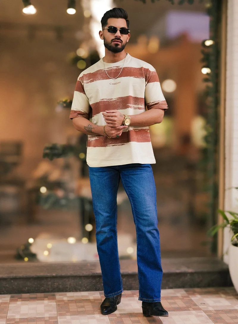Maniac Maniac Men Striped Round Neck 3/4th Sleeve Biscuit and Brown Cotton T-Shirt