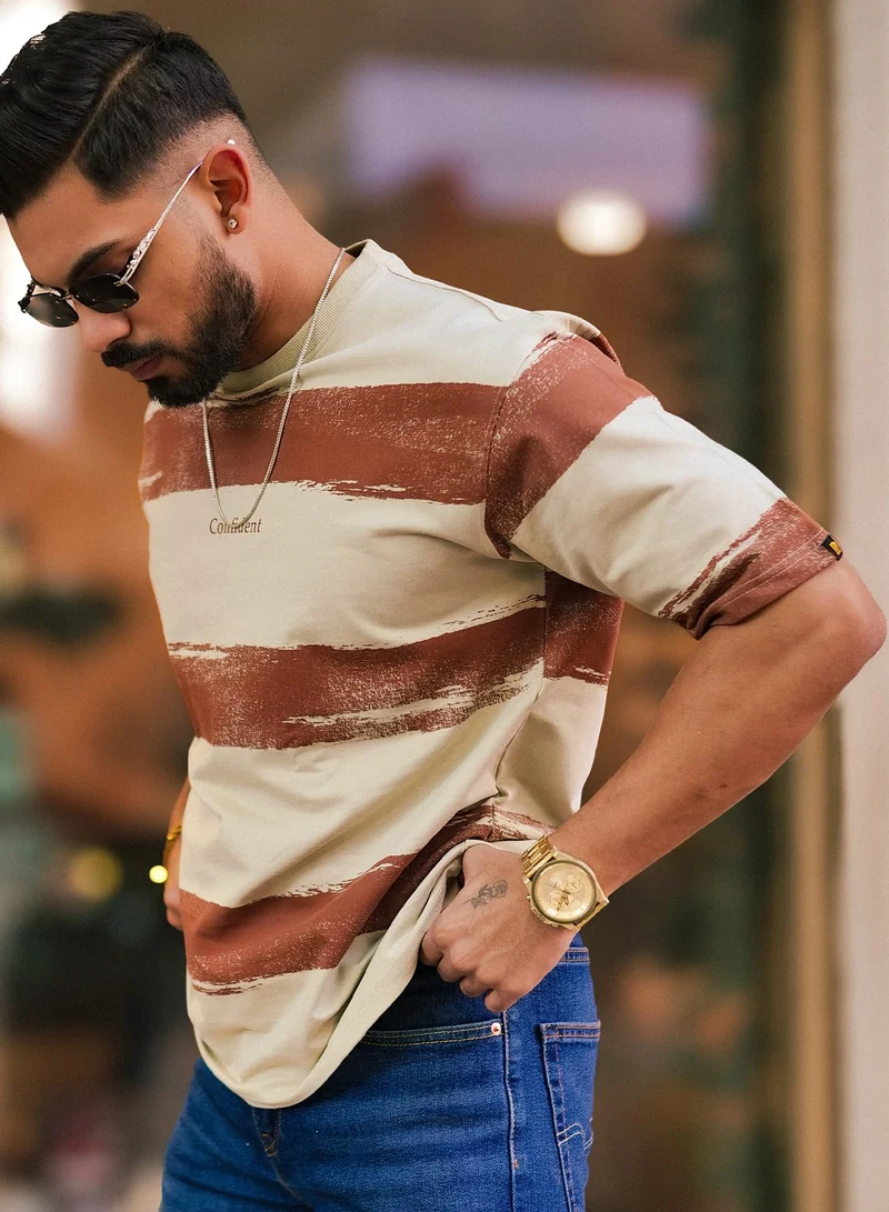 Maniac Maniac Men Striped Round Neck 3/4th Sleeve Biscuit and Brown Cotton T-Shirt