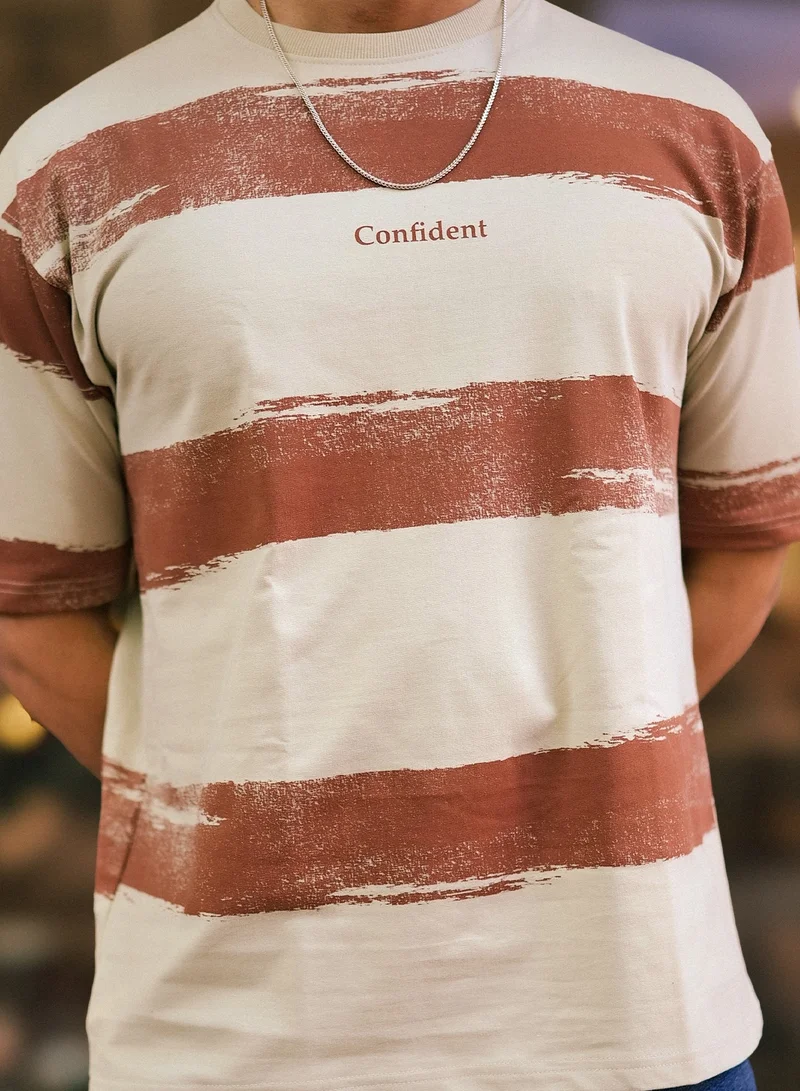 Maniac Maniac Men Striped Round Neck 3/4th Sleeve Biscuit and Brown Cotton T-Shirt