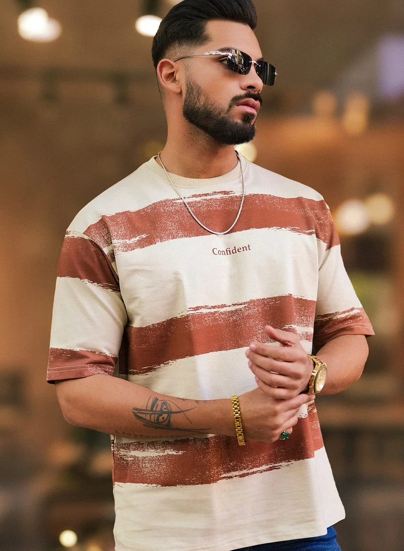 Maniac Maniac Men Striped Round Neck 3/4th Sleeve Biscuit and Brown Cotton T-Shirt