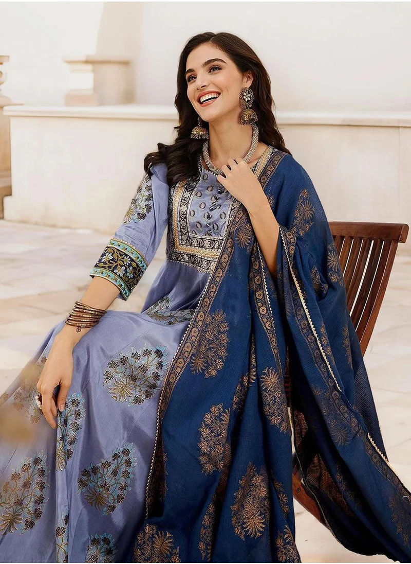 آي شين Women's Blue 100% Cotton Embellished Tunic Full Length Palazzo Straight Fit Kurta Set