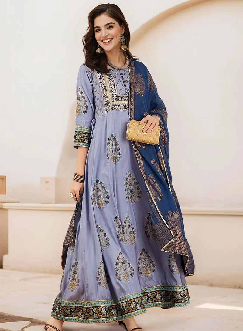 ISHIN Women's Blue 100% Cotton Embellished Tunic Full Length Palazzo Straight Fit Kurta Set