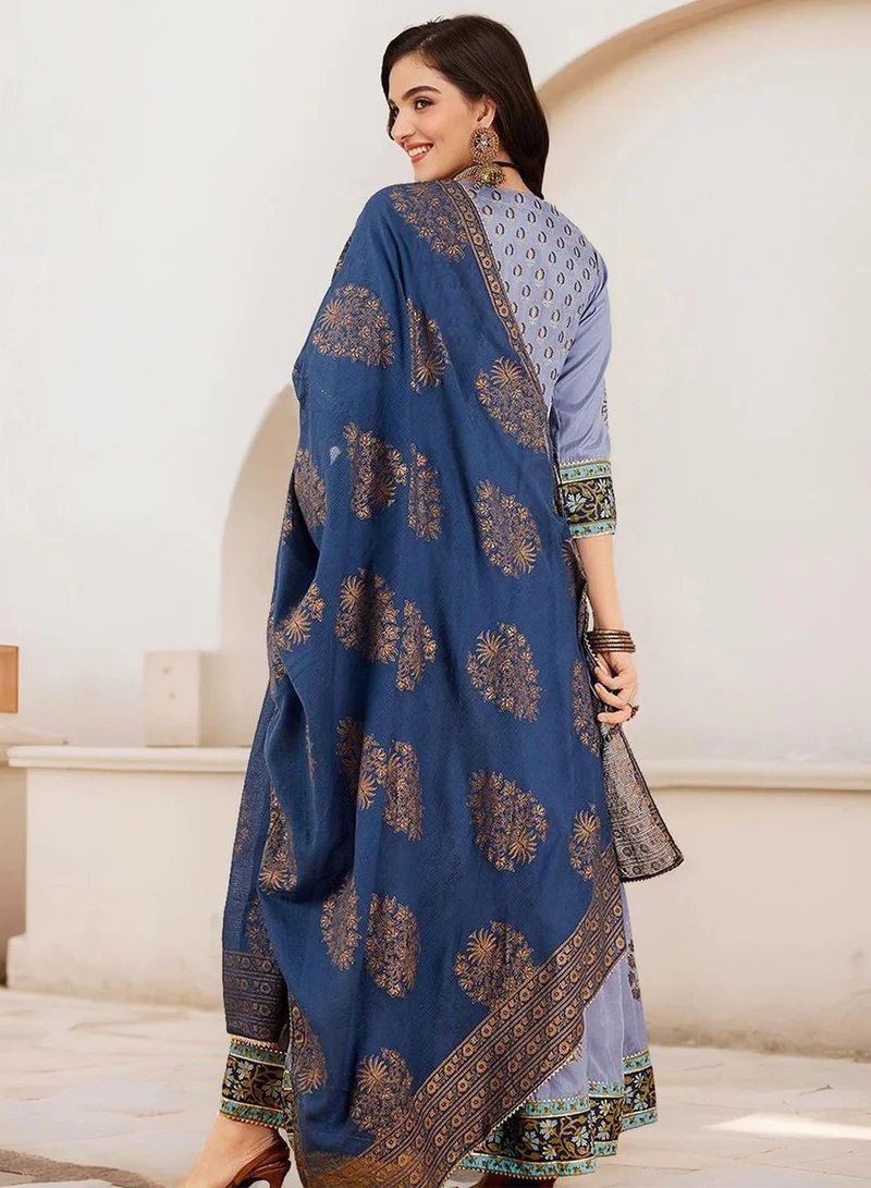 ISHIN Women's Blue 100% Cotton Embellished Tunic Full Length Palazzo Straight Fit Kurta Set