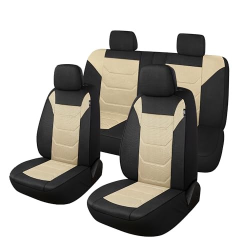 Pariiaotin 3D Air Mesh Car Seat Cover Full Sets Washable and Breathable Premium Cloth Automotive Vehicle Seat Covers for Cars Interior, Universal Fit for Most Cars, Sedan, Truck, SUV(Black/Beige) - Image 1