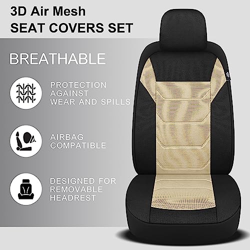 Pariiaotin 3D Air Mesh Car Seat Cover Full Sets Washable and Breathable Premium Cloth Automotive Vehicle Seat Covers for Cars Interior, Universal Fit for Most Cars, Sedan, Truck, SUV(Black/Beige) - Image 4