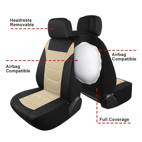 Pariiaotin 3D Air Mesh Car Seat Cover Full Sets Washable and Breathable Premium Cloth Automotive Vehicle Seat Covers for Cars Interior, Universal Fit for Most Cars, Sedan, Truck, SUV(Black/Beige) - Image 5