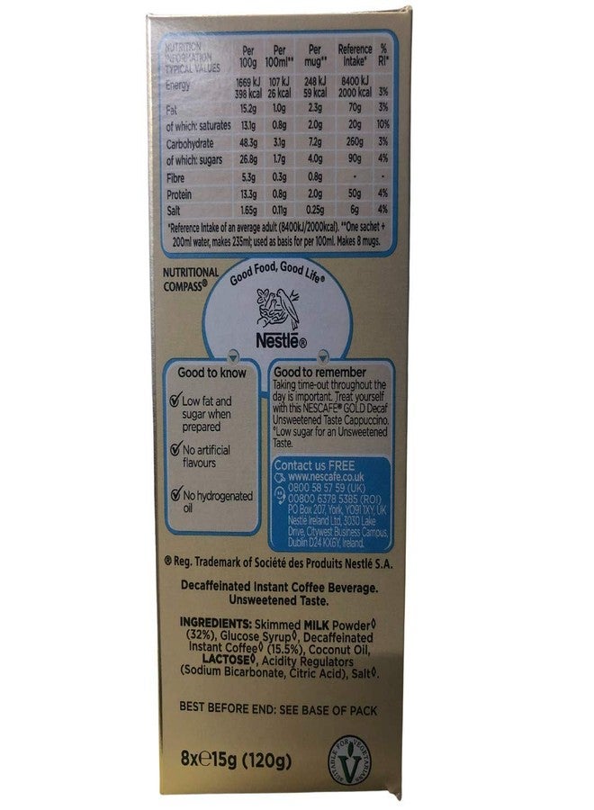 Nescafe Gold Cappuccino Decaf unsweetened Taste Instant Coffee Sachets (8 x 15g), 120g - Image 2