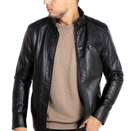 WULFUL Men's Stand Collar Leather Jacket Motorcycle Lightweight Faux Leather Outwear - Image 1
