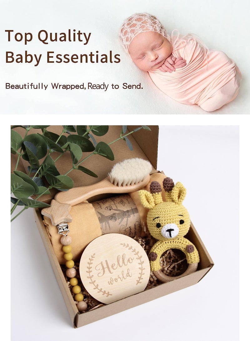 Moovant 6PCS Baby Gift Set for Newborn，Essentials Baby Bath Set with Blanket Brush Rattle Socks Greeting Card Wooden Car，Newborn Shower Gift for Baby Girls & Boys，Giraffe Style - Image 4