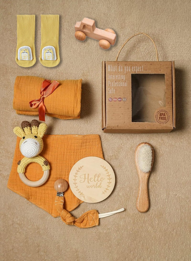 Moovant 6PCS Baby Gift Set for Newborn，Essentials Baby Bath Set with Blanket Brush Rattle Socks Greeting Card Wooden Car，Newborn Shower Gift for Baby Girls & Boys，Giraffe Style - Image 5