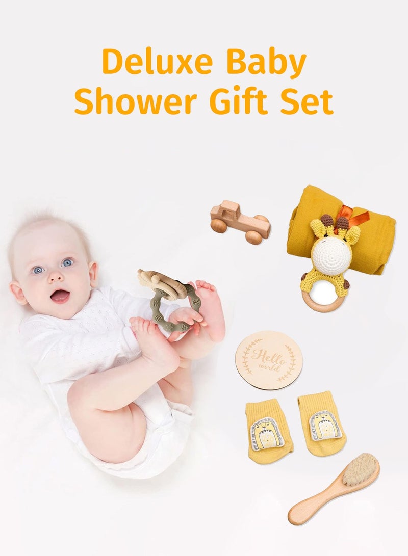 Moovant 6PCS Baby Gift Set for Newborn，Essentials Baby Bath Set with Blanket Brush Rattle Socks Greeting Card Wooden Car，Newborn Shower Gift for Baby Girls & Boys，Giraffe Style - Image 3