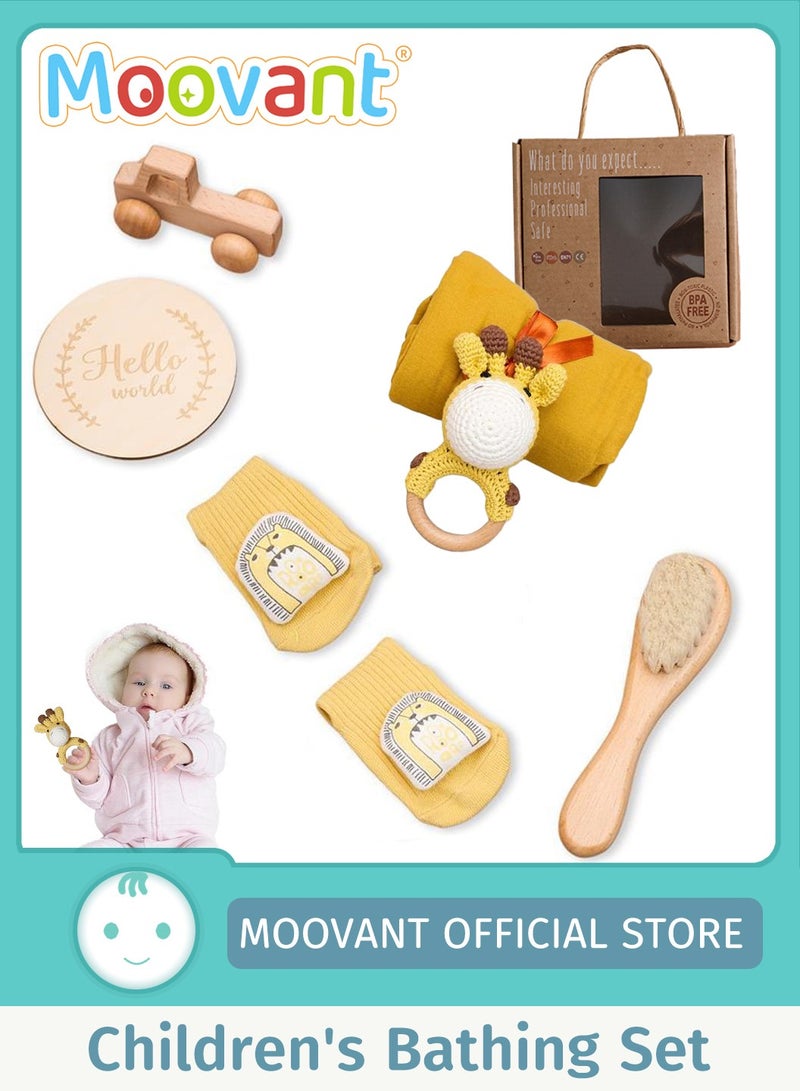Moovant 6PCS Baby Gift Set for Newborn，Essentials Baby Bath Set with Blanket Brush Rattle Socks Greeting Card Wooden Car，Newborn Shower Gift for Baby Girls & Boys，Giraffe Style - Image 1