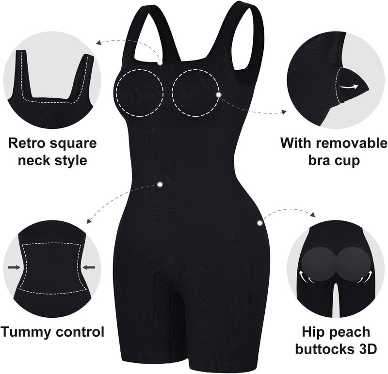Popilush Jumpsuits for Women Built-in Bra Square Neck Rompers Shorts Bodycon Bodysuits Summer Outfits Black - Image 3