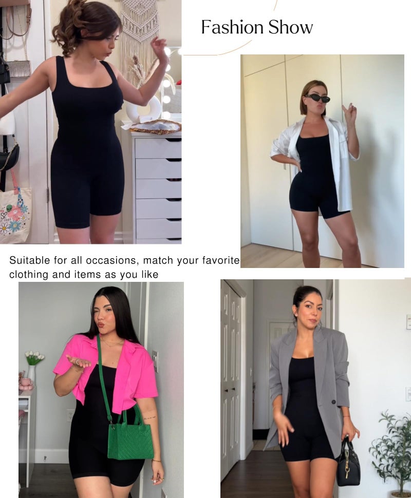 Popilush Jumpsuits for Women Built-in Bra Square Neck Rompers Shorts Bodycon Bodysuits Summer Outfits Black - Image 2