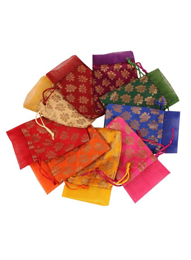 Touchstone Drawstring Bags Traditional Indian Handcrafted in Mimosa leaf Pattern Brocade fabric. Perfect for Gifts Jewelry Weddings Sweet Distribution Set of 9 Vibrant Multicolor Pouches Purses. - Image 3