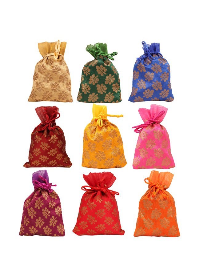 Touchstone Drawstring Bags Traditional Indian Handcrafted in Mimosa leaf Pattern Brocade fabric. Perfect for Gifts Jewelry Weddings Sweet Distribution Set of 9 Vibrant Multicolor Pouches Purses. - Image 1